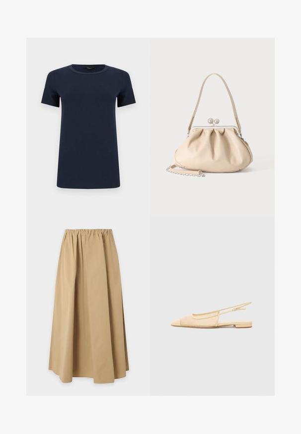 T-shirt en coton bleu marine à manches courtes avec col rond, présenté à plat sur un fond blanc.; Jupe beige longueur genoux avec taille élastiquée froncée, en tissu uni et lisse, présentée sur un fond clair uni.; Chaussure plate slingback en beige clair avec une tige en maille, un bout pointu et un petit talon. Dotée d'une sangle ajustable pour un bon maintien.; Sac à main en cuir souple beige avec un fermoir en métal argenté, une bandoulière simple et une bandoulière chaîne optionnelle sur fond blanc.