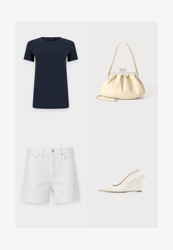 T-shirt en coton bleu marine à manches courtes avec col rond, présenté à plat sur un fond blanc.; Short en denim blanc avec poches à l’avant, passants pour ceinture et fermeture par bouton métallique, présenté sur un fond uni.; Chaussure compensée blanche en cuir verni avec bout pointu et bride ajustable à boucle sur fond uni.; Sac à main en cuir souple couleur crème avec un design froncé, fermoir cadre argenté, poignée courte et bandoulière chaîne amovible.