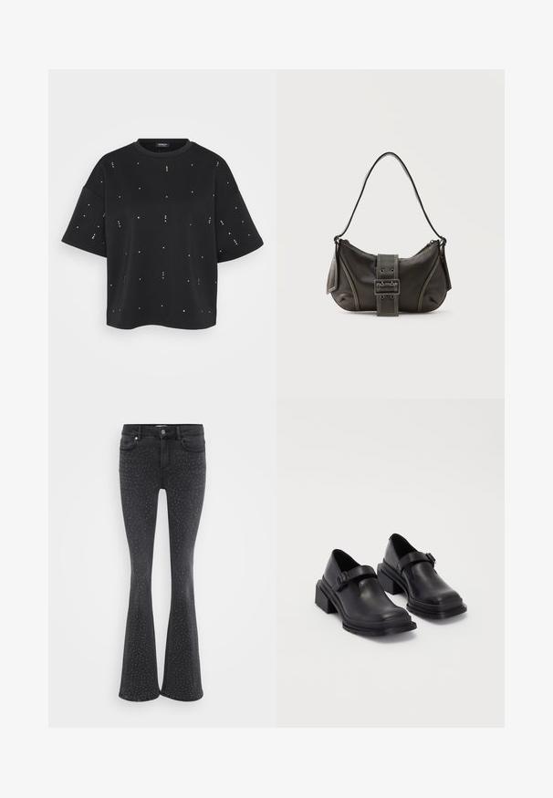 Zwarte korte mouwen shirt van zachte stof, versierd met verspreide metalen studs. Eenvoudige ronde halslijn en een losse pasvorm.; Zwarte flared jeans van denim, versierd met metallic studs. Vijf zakken en een sluiting met een knoop aan de voorkant.; Zwarte leren schoenen met een ronde neus, platte zool en een band met een gespdetail. Stevige blokhak voor extra stabiliteit.; Zwarte leren schoudertas met gespsluiting aan de riem, afgeronde hoeken en contrasterende witte stiksels op een effen achtergrond.