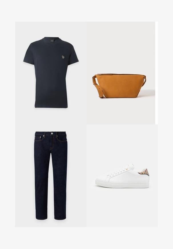 Marineblauw T-shirt met korte mouwen en een ronde hals met een klein meerkleurig olifantenlogo op de linkerborst.; Donkerblauwe denim jeans met een recht model, voorzien van oranje stiksels, vijf zakken en een knoopsluiting aan de voorkant.; Witte leren sneaker met een gladde afwerking, voorzien van een kleurrijke gestreepte accent op de hiel, gouden oogjes en een vlakke witte zool.; Lichtbruine leren crossbodytas met verstelbare band en ritssluiting, getoond tegen een effen lichte achtergrond.