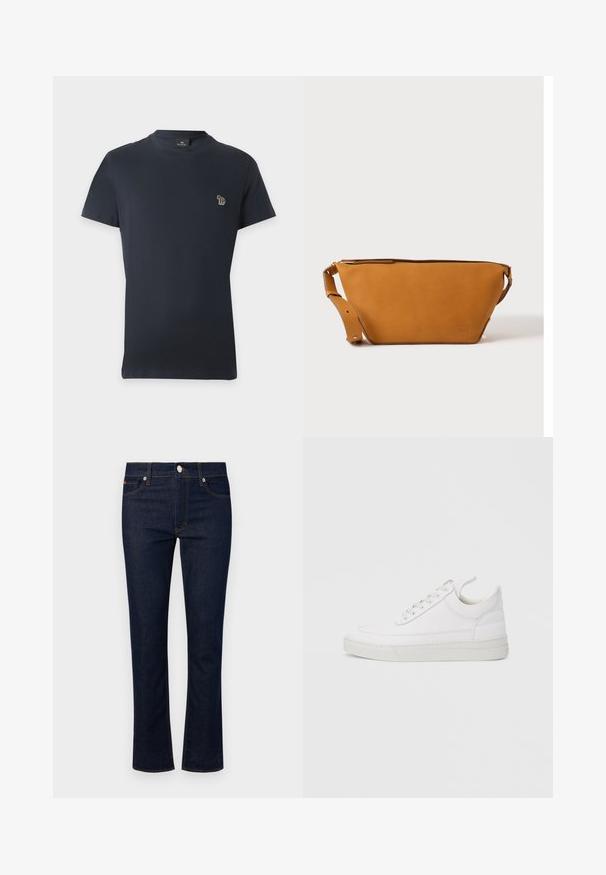 Mørkeblå T-shirt med korte ærmer og rund halsudskæring med en lille flerfarvet elefantlogo på venstre bryst.; Denimjeans i en mørkeblå vask, lige ben-design, fem lommer og kontrastsyning. Har en frontlukning med knap.; Hvid lædersneaker med rundet tå, flad sål og snørebånd foran. Har syningsdetaljer og polstret krave for komfort.; Lys brun læder crossbody taske med justerbar rem og lynlås, vist mod en ensartet lys baggrund.