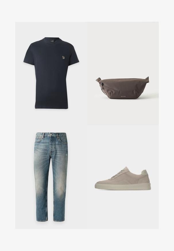 Marineblauw T-shirt met korte mouwen en een ronde hals met een klein meerkleurig olifantenlogo op de linkerborst.; Lichtblauwe denim jeans met een rechte snit. Met een knoopsluiting, vijf zakken en subtiele vervagings en wassing op de dijen.; Beige suède sneakers met een gestructureerde afwerking, ronde neus en tonale veters. Voorzien van een dikke rubberen zool en subtiele branding op de hiel.; Donkerbruine stoffen heuptas met diagonale ritssluiting en klein wit logo aan de voorkant, tegen een effen lichte achtergrond.