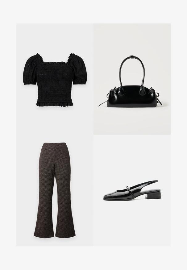 Top negro con fruncido, de escote cuadrado, mangas cortas abullonadas, acentos de volantes y acabado texturizado. Presenta un cuerpo ajustado y un dobladillo con volantes.; Pantalones negros acampanados hechos de un tejido texturizado con un diseño de punto, que cuentan con una cintura alta y piernas anchas.; Zapato slingback de charol negro con tacón bajo y grueso y una fina correa con hebilla de plata en la parte superior.; Pequeño bolso negro brillante con dos asas largas y detalles de cordón lateral sobre un fondo claro liso.