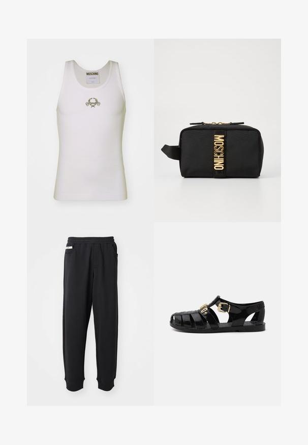 Hvid ribbet tanktop med et guldbroderet logo med dekorative accenter, rund halsudskæring og uden ærmer.; Sorte sweatpants lavet af blødt stof, med elastisk talje, sidelommer og ribbede manchetter ved anklerne. Minimalistisk design.; Svarte gummisandaler med udskæringsdesign, der har en gylden spænde-lukning og en tekstureret indersål. Præget logo på hælen.; Sort stof kosmetikpose med rektangulær form, guld "MOSCHINO" logo, lynlås lukning og en sideløkke til nem håndtering.