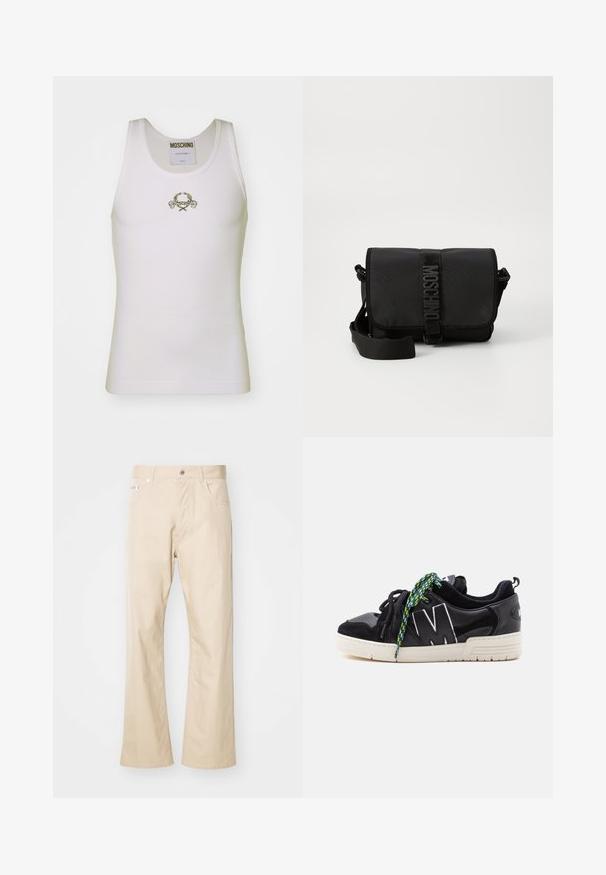 Hvid ribbet tanktop med et guldbroderet logo med dekorative accenter, rund halsudskæring og uden ærmer.; Beige bukser lavet af bomuld, med en lige ben-edesign, to frontlommer, bæltestropper og metalknaplukning.; Sort lavtop sneaker med hvid sål, stort hvidt omrids "M" på siden og mismatchede sorte og grønne mønstrede snørebånd.; Sort nylon crossbody taske med en klap, prydet med en fremtrædende logo-rem lukning, justerbar rem og sidelægninger.