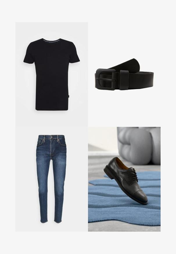 Lindbergh T-Shirt basic - black; Dunkelblaue Jeans aus Denim mit einer figurnahen Passform, fünf Taschen, einem Frontknopfverschluss und orangefarbenen Nähten.; Schwarzer Lederschuh mit Brogue-Details, rundem Zehenbereich und schlichten Schnürsenkeln, schwebend über einem blauen, strukturierten Teppich in einer modernen Umgebung.; Schwarzer Ledergürtel mit rechteckiger Metallschnalle, glatter Oberfläche und geprägt Logo. Das Design ist schlicht und funktional.