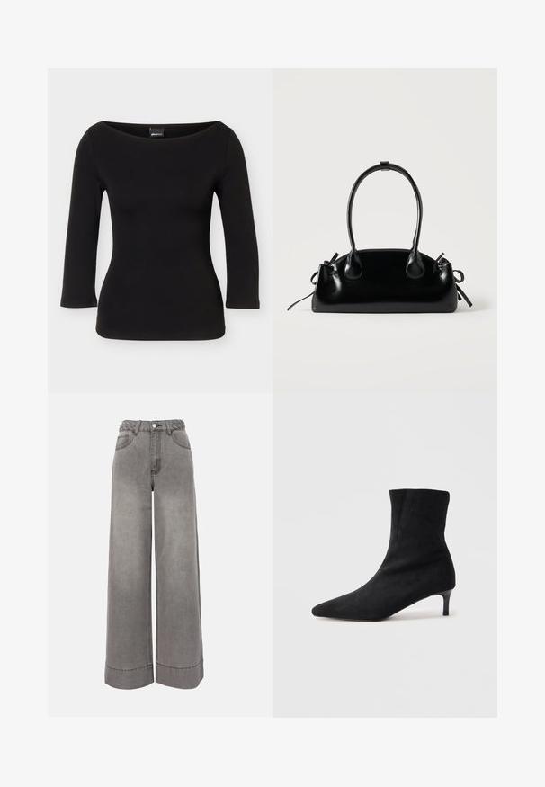 Chemise noire ajustée avec des manches trois-quarts et un large col arrondi, présentée sur un fond uni.; Pantalon large en jean gris taille haute avec ceinture tressée, poches avant, fermeture à boutons et ourlets retroussés.; Botte de cheville en daim noir avec un bout pointu et un talon slim, légèrement courbé. Texture lisse et design minimaliste.; Petit sac à main noir brillant avec deux longues anses et des détails à cordon sur les côtés sur un fond clair uni.
