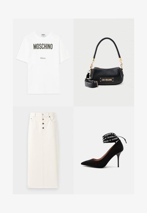T-shirt en coton blanc avec du texte noir en gras : "MOSCHINO" en haut et "Milano" en dessous, coupe décontractée avec des manches courtes standard.; Jupe en denim blanc à boutons, de forme droite, avec cinq boutons métalliques et deux poches latérales, texture lisse et longueur au genou.; Escarpin noir à talon haut avec bout pointu et bride cheville avec le texte "LOVE MOSCHINO" et petits symboles de cœur blancs.; Sac à main Black Love Moschino avec ferrures dorées, bandoulière amovible à logo, et poignée incurvée sur un fond clair uni.