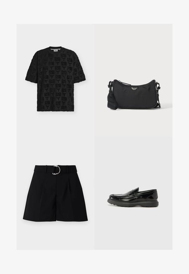 Haut noir à manches courtes et col rond avec motif à carreaux texturé présentant une tête de taureau en relief et des symboles de croissant de lune.; Shorts noirs ajustés en tissu tissé. Présentent une large taille avec une boucle circulaire en argent, des plis à l'avant et une coupe droite.; Mocassin en cuir noir avec une finition brillante, bout arrondi, détails de couture subtils et semelle en caoutchouc épaisse pour la durabilité.; Sac bandoulière rectangulaire noir avec emblème du logo de la marque argenté et sangle réglable sur fond clair.