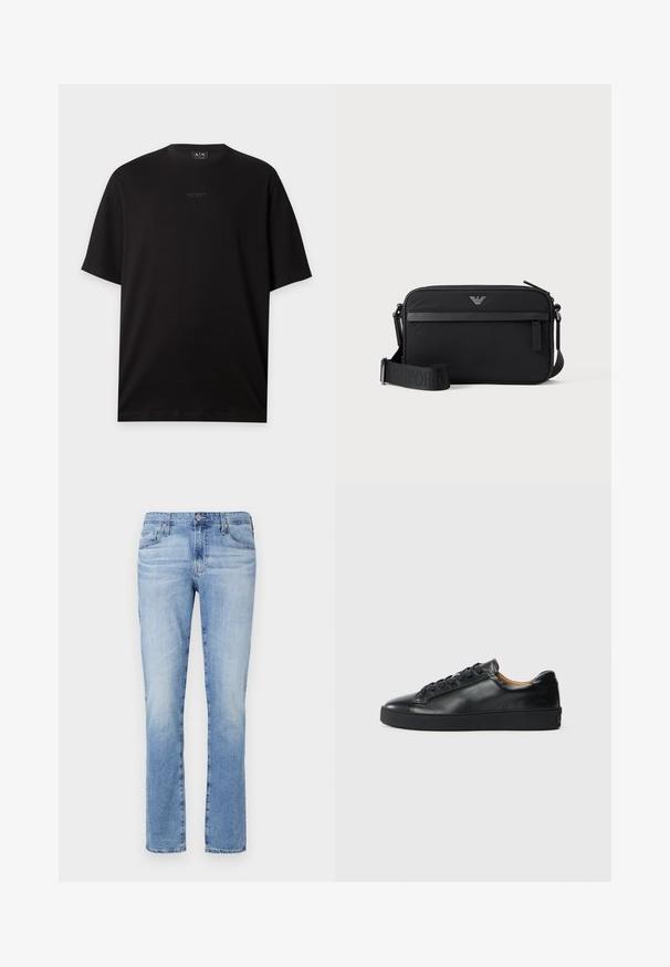 Sort T-shirt med korte ærmer og rund hals med lille centreret Armani Exchange-logo på brystet.; Lyseblå denimjeans med lige ben, med knaplukning, fem lommer og let falmning i stoffet.; Sorte lædersneakers med en glat overflade, rund tå og snørebåndslukning. Har en tyk gummisål og minimal branddetalje.; Sort rektangulær crossbody-taske med lynlåslomme foran, justerbar rem og lille metallogo øverst i midten.