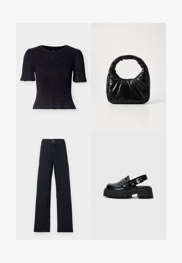 Sort ribbet top med korte pufærmer og en bølget halsudskæring. Figursyet design med tekstureret stof og cropped kant.; Sorte jeans med høj talje og vide ben, med knap- og lynlåslukning, synlige forlommer, lagt fladt på en hvid baggrund.; Sorte platform sandaler lavet af skinnende læder, med en spænde rem og en tekstureret tyk sål med udtalte riller.; Sort polstret håndtaske med et rundt håndtag, der har en glat, skinnende overflade og en blød, kviltet tekstur. Ingen synlige hardware eller accenter.