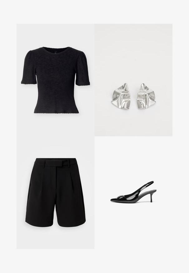 Haut noir côtelé avec manches courtes bouffantes et encolure festonnée. Coupe ajustée avec tissu texturé et ourlet court.; Shorts noirs ajustés, en tissu lisse, avec une taille haute, des plis, des passants de ceinture et des poches latérales, au design épuré.; Escarpins slingback en cuir verni noir avec un bout pointu et une finition brillante. Présente un talon fin et un accent arrondi au dessus du pied.; Boucles d'oreilles en métal argenté avec un design ondulé et sculptural, présentant une finition polie et des formes irrégulières, mettant en valeur une esthétique contemporaine.