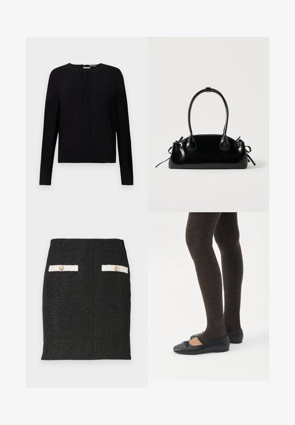 Haut noir à manches longues avec une texture côtelée, encolure ronde et détails plissés à l'avant, offrant une coupe décontractée.; Jupe en tweed noir avec un tissu texturé et une coupe ajustée. Comprend deux accents de poches blanches avec des boutons dorés.; Jambes portant des leggings côtelés foncés associés à des ballerines noires avec de petits détails en nœud sur fond blanc.; Petit sac à main noir brillant avec deux longues anses et des détails à cordon sur les côtés sur un fond clair uni.