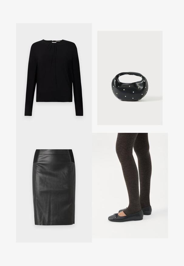 Sort langærmet top med ribbet tekstur, rund halsudskæring og plisserede detaljer foran, som tilbyder en afslappet pasform.; Sorte læderblyantskirt med en tætsiddende design, glat tekstur og elastisk talje med detaljer på begge sider. Flad kant i bunden.; Ben iført mørke ribbede leggings kombineret med sorte balletsko med små sløjfedetaljer på hvid baggrund.; Sort læderhåndtaske med en rundet form, dekoreret med sølvnitter, og et kort håndtag. Glat tekstur og lynlåslukning.
