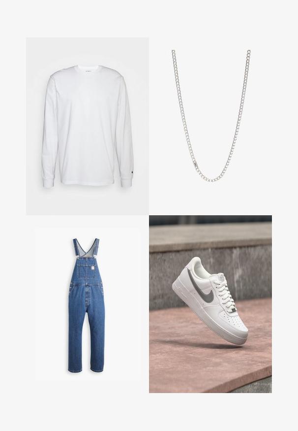 Weißes Langarm-T-Shirt aus Baumwolle. Rundhals-Design mit gerippten Bündchen und kleinem Logo auf dem linken Ärmel. Glatte Textur.; Denim-Latzhose in Mittelblau, mit verstellbaren Trägern, einer Brusttasche und metallischen Beschlägen, im lässigen Schnitt und geradem Bein-Design.; Weißer Nike Air Force 1 Sneaker mit grauem Swoosh-Logo, der über einer Steinoberfläche und einem grauen Steinwandhintergrund schwebt.; Silberne Kettenhalskette mit ineinandergreifenden Gliedern, glatter Textur und einheitlicher rechteckiger Form. Sicherer Verschluss.