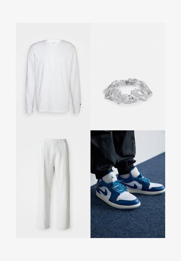 Hvid langærmet T-shirt lavet af bomuld. Rund halsudskæring med ribbede manchetter og et lille logo på venstre ærme. Glat tekstur.; Hvide afslappede bukser med en elastisk talje og store forreste lommer, vist på en ensfarvet lys baggrund.; Nike Air Jordan sneakers har en hvid læderbase med blå syntetiske detaljer, en perforeret tåboks og blå snørebånd.; Sølvarmbånd med sammenkoblede hånddesigns, der har detaljeret udsmykning og en poleret overflade, hvilket fremhæver en unik kæ structures.