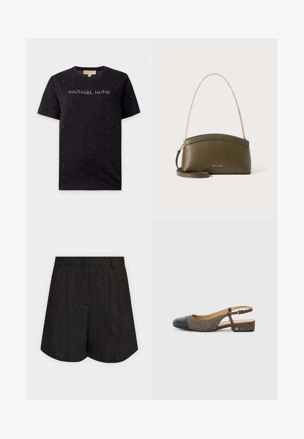 Zwart T-shirt met korte mouwen, kleine gouden stippen en "MICHAEL KORS" gedrukt in metallic letters over de borst.; Zwarte, op maat gemaakte short met hoge taille, met riemlussen, voorplooien en een licht uitlopende zoom tegen een effen lichte achtergrond.; Slingback schoen met een bruine gestreepte stoffen bovenkant en een zwarte leren neus. Heeft een kleine blokhak en een gespstrap.; Olijfgroene Michael Kors-handtas met gouden kettingschouderband, gebogen bovenkant en klein goud logo aan de voorkant, getoond tegen een witte achtergrond.