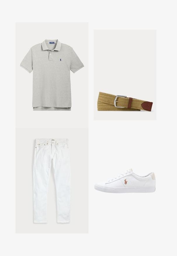 Sivá polo košeľa z bavlny s klasickým golierom, krátkymi rukávmi a malým modrým logom na ľavej strane hrude.; Biele slim fit džínsy s piatimi vreckami, zapínaním na gombíky a opaskovými pútkami, položené na rovnej svetlej jednofarebnej podložke.; Biele plátenné tenisky s nízkym strihom, ktoré majú béžový opasok na päte a malé vyšívané logo na boku. Gumová podrážka.; Prepletený svetlohnedý látkový opasok so striebornou metalovou prackou a hnedými koženými akcentmi, vrátane zašitého loga na konci.
