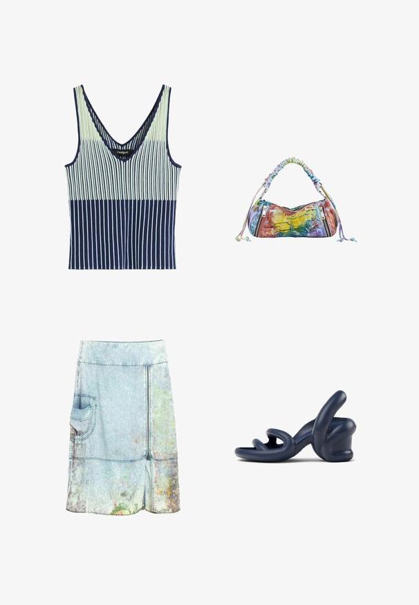 Ærmeløs strikket tanktop med lodrette striber i marineblå, lyseblå og blegegule farver og en V-udskæring.; Lyseblå denim nederdel til knæet med sidelomme, frontlynlås og subtile blomster mønstre nær kanten.; Mørkeblå højhælet sandal lavet af glat syntetisk materiale; har buede stropper og et unikt skulptureret hældesign.; Farverig skuldertaske med tie-dye, rynket hank, to lodrette lynlåslommer foran og justerbare snore-detaljer i siderne.