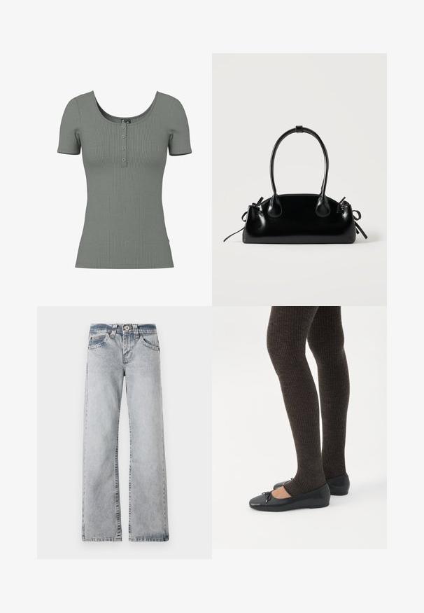 Grøn ribbet kortærmet top med rund halsudskæring og tre-knaps placket. Blød tekstur og tætsiddende pasform; subtil vandret ribbet detalje.; Lyseblå denimjeans med vid benlængde. Standard talje, fem lomme-stil og synlige syninger langs sømmene.; Ben iført mørke ribbede leggings kombineret med sorte balletsko med små sløjfedetaljer på hvid baggrund.; Lille sort blank håndtaske med to lange håndtag og snøre-detaljer i siden på en ensfarvet lys baggrund.