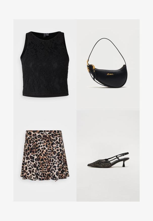 Čierny čipkový crop top s kvetinovým vzorom, bez rukávov a s pevným čiernym podšívkou na spodnej strane. Textúra je precízne detailná.; Sukňa s leopardím vzorom s rozšíreným strihom, obsahujúca odtiene hnedej a čiernej farby na svetlom pozadí. Mäkká tkanina s hladkým povrchom.; Čierna slingback obuv s vypuklým špičatým prstom, textúrovaným povrchom a malým štvorecovým podpätkom. Obsahuje dekoratívne detaily pozdĺž hornej časti.; Čierna kožená kabelka v tvare polmesiaca so zlatým zipsom, nastaviteľným remienkom a malým zlatým logom "Steve Madden" na prednej strane.