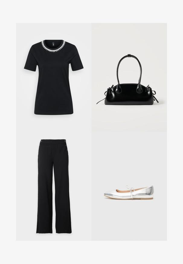 T-shirt noir à manches courtes avec un col décoratif en perles. Fait en tissu doux, avec une coupe standard et un ourlet arrondi.; Pantalon noir à jambes larges, taille haute et boutons décoratifs à l'avant et sur les côtés.; Chaussure plate argentée avec un bout pointu, fabriquée en matériau synthétique métallisé. Elle dispose d'une fine lanière avec un nœud décoratif. Texture lisse.; Petit sac à main noir brillant avec deux longues anses et des détails à cordon sur les côtés sur un fond clair uni.