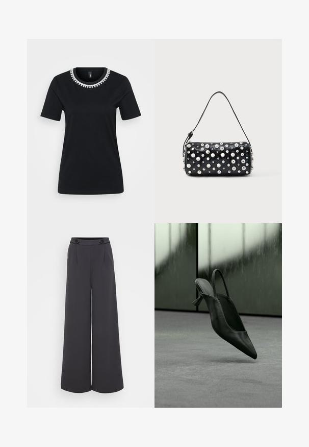 Camiseta negra de manga corta con un cuello decorativo de cuentas. Fabricada en una tela suave, con un corte estándar y dobladillo redondeado.; Pantalones de pierna ancha en tejido gris oscuro. Presenta pliegues en la parte frontal y dos botones decorativos en la cintura. Textura suave y forma entallada.; Zapato de tacón alto con punta puntiaguda y talón destalonado de cuero negro flotando sobre un suelo alfombrado gris, fondo de pared verdosa borrosa.; Bolso de mano de cuero negro con forma redondeada, decorado con tachuelas plateadas. Cuenta con una correa desmontable y cierre de cremallera. Textura lisa.