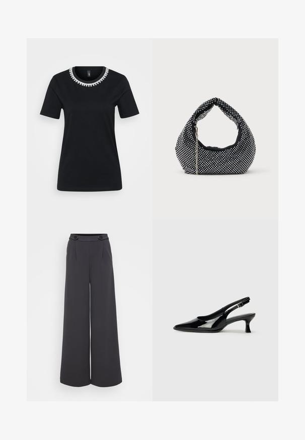 T-shirt noir à manches courtes avec un col décoratif en perles. Fait en tissu doux, avec une coupe standard et un ourlet arrondi.; Pantalons ample en tissu gris foncé. Caractéristiques des plis à l'avant et deux boutons décoratifs sur la taille. Texture lisse et coupe ajustée.; Escarpins en cuir verni noir avec un bout pointu et un petit talon carré. Sangle réglable à la cheville avec boucle.; Sac à main en maille noire orné de clous en argent, avec une poignée incurvée et une bandoulière en chaîne. Texture douce avec une forme arrondie.