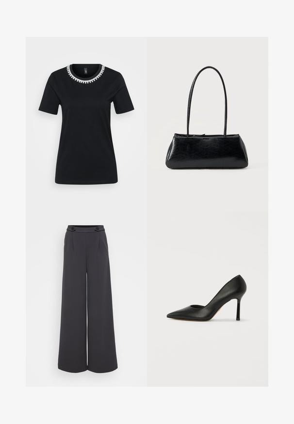 Camiseta negra de manga corta con un cuello decorativo de cuentas. Fabricada en una tela suave, con un corte estándar y dobladillo redondeado.; Pantalones de pierna ancha en tejido gris oscuro. Presenta pliegues en la parte frontal y dos botones decorativos en la cintura. Textura suave y forma entallada.; Bailarina negra de cuero con tacón alto, puntera afilada y un esbelto tacón de aguja. La parte superior presenta una textura suave y sin adornos.; Bolso de hombro rectangular negro con correas largas y delgadas y una textura lisa y brillante sobre un fondo liso.
