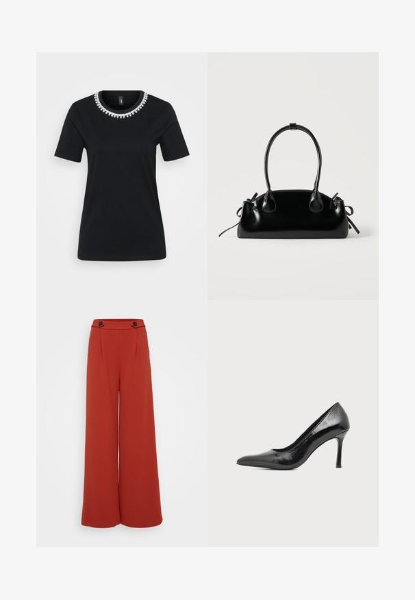 Camiseta negra de manga corta con un cuello decorativo de cuentas. Fabricada en una tela suave, con un corte estándar y dobladillo redondeado.; Pantalones anchos de talle alto en color rojo óxido con dos botones oscuros en la cinturilla sobre un fondo blanco.; Zapato de tacón alto de mujer en piel negra patentada, con punta puntiaguda y tacón delgado, sobre un fondo claro y liso.; Pequeño bolso negro brillante con dos asas largas y detalles de cordón lateral sobre un fondo claro liso.