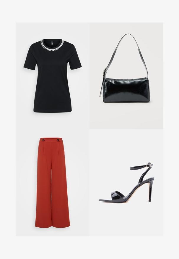 T-shirt noir à manches courtes avec un col décoratif en perles. Fait en tissu doux, avec une coupe standard et un ourlet arrondi.; Pantalon large taille haute couleur rouille avec deux boutons foncés à la taille sur fond blanc.; Sandale à talon haut en cuir verni noir, à bout ouvert, avec bride à la cheville et fermeture à boucle, vue de profil sur fond blanc.; Sac d'épaule rectangulaire noir avec une sangle réglable unique et une fermeture éclair supérieure sur un fond uni.