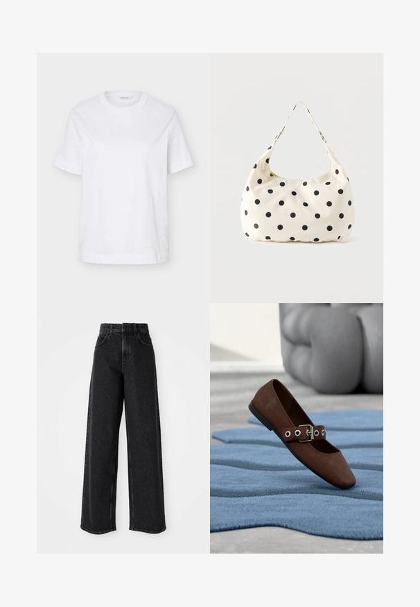 Hvid T-shirt med korte ærmer og rund hals med subtilt syet bølgemønster og et lille beige mærke inde i kraven.; Sorte højtaljede brede bukser lavet af denim, præget af et klassisk fem-lomme design og subtile syninger.; Brun ruskind flad sko med spænde-rem, der hviler på tekstureret blåt tæppe med gråt polstret møbel i baggrunden.; Håndtaske i cremefarvet stof med sorte polkaprikker og en enkelt skulderrem, vist mod en ensfarvet hvid baggrund.