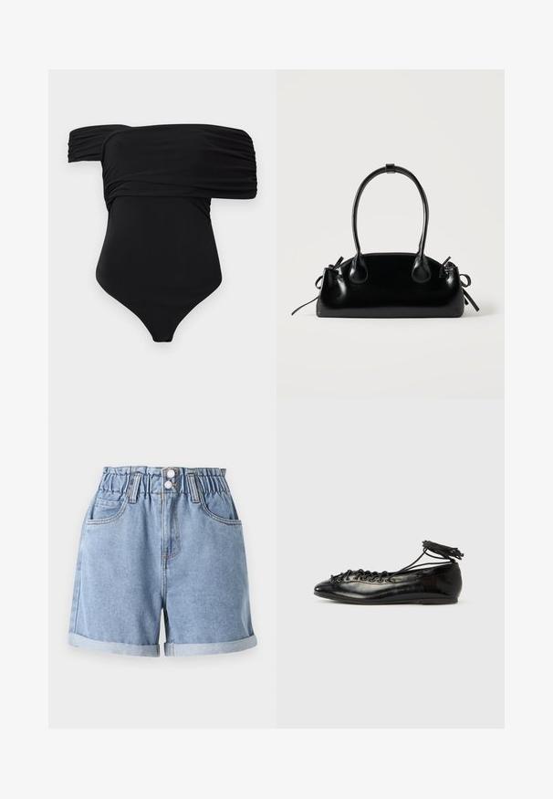 Čierne jednodielne plavky s off-the-shoulder dizajnom, s naberanou látkou a hladkou textúrou, navrhnuté pre priliehavý siluetu.; Svetlomodré džínsy s elastickým pásom, dvomi prednými vreckami, ohrnutými okrajmi a dvojitým zapínaním. Hladká textúra, neformálny dizajn.; Čierne baleríny z lakovanej kože s okrúhlou špičkou, šnurovačkou a plochou podrážkou. Hladká textúra s minimálnymi detailmi.; Malá čierna lesklá kabelka s dvoma dlhými rúčkami a bočnými šnúrkovými detailmi na jednoduchom svetlom pozadí.