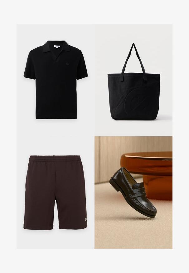 Polo shirt noir à manches courtes avec un design en V, texture côtelée, et un petit logo ton sur ton sur la poitrine. Fini en tissu lisse.; Shorts en coton marron foncé à taille élastique avec un petit logo brodé vert et blanc près de l'ourlet inférieur sur la jambe droite.; Mocassin en cuir noir brillant avec un détail de bride, posé sur un tapis beige près d'une table basse ronde en bois brun dans une pièce doucement éclairée.; Sac fourre-tout en toile noire avec deux bandoulières et un motif circulaire discret en relief sur le devant.