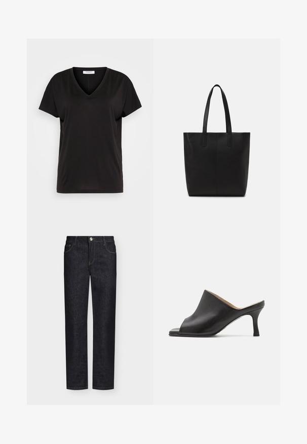 Schwarzes V-Ausschnitt-T-Shirt aus weichem, atmungsaktivem Stoff. Es hat kurze Ärmel und einen lässigen Schnitt, ohne sichtbare Muster oder Akzente.; Schwarze Jeans mit geradem Bein, Vordertaschen, Gürtelschlaufen und Knopfverschluss auf einfarbigem Hintergrund.; Selected ASHLEY - Pantolette hoch - black; Schwarze Einkaufstasche aus strukturiertem Material, mit zwei langen Tragegriffen und einem einfachen, minimalistischen Design ohne sichtbare Beschläge.
