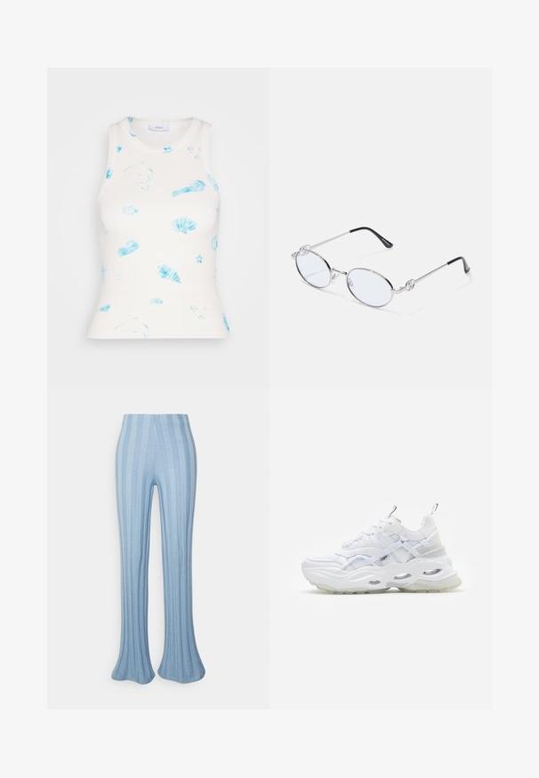 Envii ALLY RACER - Top - beach club; Even&Odd Broek - blue; Witte sneaker met een chunky zool, gelaagd mesh en synthetisch bovenwerk, voorzien van gemusterde accenten, vetersysteem en trekhaak.; Zilveren metalen ovale bril met heldere glazen, voorzien van decoratieve zijkanten en zwarte uiteinden op de pootjes voor extra grip en comfort.