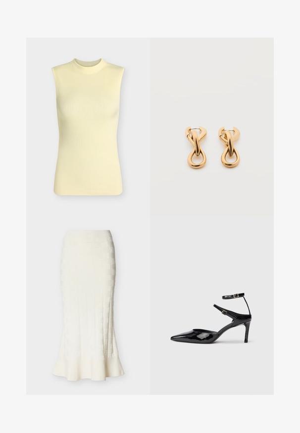 Top sans manches en maille côtelée jaune pâle avec un col rond montant, silhouette ajustée et tissu doux texturé.; Jupe crayon midi blanche avec motif carré texturé et détail à ourlet évasé sur fond neutre.; Talons en cuir verni noir avec un bout pointu, des sangles de cheville ajustables et un talon fin. Texture lisse avec une finition brillante.; Paire de boucles d'oreilles créoles en bouclettes dorées brillantes sur fond blanc uni, présentant un design torsadé entrelacé.