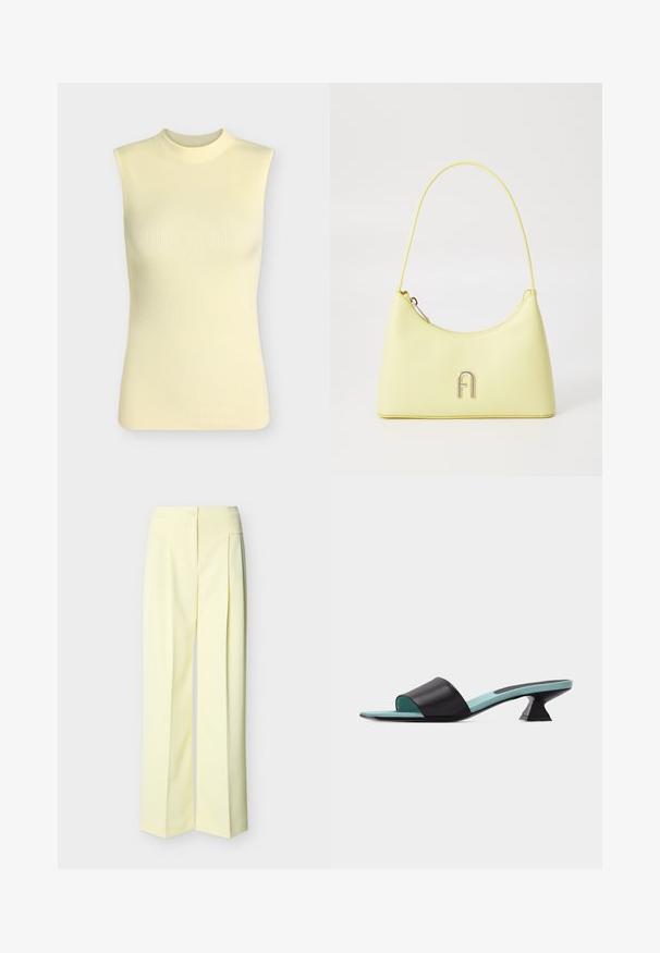 Top sans manches en maille côtelée jaune pâle avec un col rond montant, silhouette ajustée et tissu doux texturé.; Pantalon ample taille haute jaune pâle avec fermeture à bouton et zip sur le devant, et détails plissés sur un fond uni.; Mule noire à bout ouvert avec une large bride, semelle intérieure turquoise et un talon bloc court à forme unique sur fond blanc.; Sac à main en simili cuir jaune avec une texture lisse, une forme arrondie et une bandoulière fine ; il présente un logo métallique "A" sur le devant.