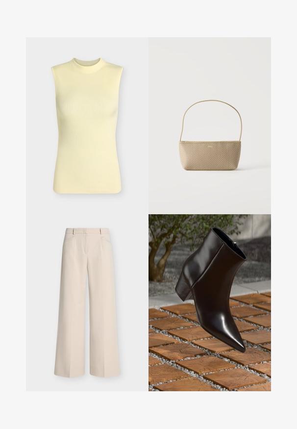 Ärmelloses, geripptes Strickoberteil in blassem Gelb mit hohem Rundhalsausschnitt, figurbetonter Silhouette und weichem, strukturiertem Stoff.; Beige Hosen mit weitem Bein, vorderen Taschen, Gürtelschlaufen und flacher Vorderseite, dargestellt auf einem schlichten hellen Hintergrund.; Schwarze Leder-Stiefelette mit spitzem Schuhkopf, Blockabsatz und glatter Textur, positioniert über einer Holz- und Kiesoberfläche.; Beige gewebte Handtasche mit dünnem Schulterriemen und kleinem goldenen "BOSS" Logo vorne, vor weißem Hintergrund präsentiert.