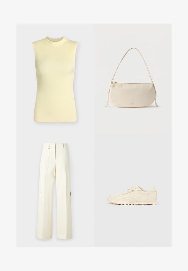 Top sans manches en maille côtelée jaune pâle avec un col rond montant, silhouette ajustée et tissu doux texturé.; Pantalons cargo à jambes larges en tissu crème clair, dotés de poches à rabat, d'une taille haute et de fentes latérales pour un détail et une fonctionnalité supplémentaires.; Baskets basses de couleur crème avec des coutures ondulées, une fermeture à lacets et une semelle crantée, vues de côté sur un fond uni.; Petit sac à épaule de couleur crème avec une seule sangle, fermeture éclair et logo de marque doré discret à l'avant.