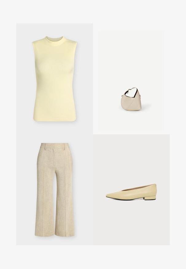Top sans manches en maille côtelée jaune pâle avec un col rond montant, silhouette ajustée et tissu doux texturé.; Pantalon beige à jambes larges avec passants de ceinture, plis devant et finition en tissu texturé.; Chaussure femme en cuir beige avec talon bas, bout pointu et design minimaliste, présentée de profil sur un fond uni.; Sac à main en cuir beige en forme de croissant avec une seule bandoulière et des coutures minimalistes, posé sur un fond blanc uni.