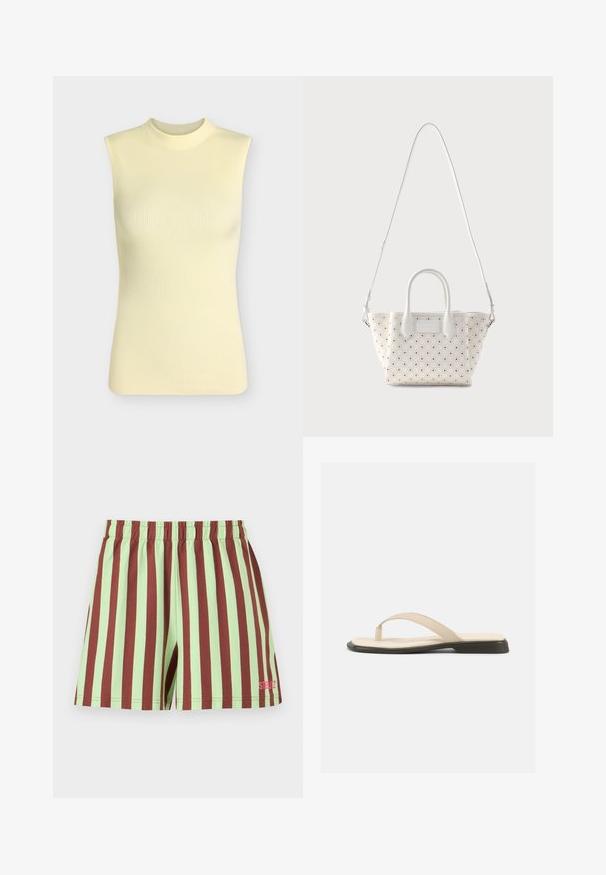 Top sans manches en maille côtelée jaune pâle avec un col rond montant, silhouette ajustée et tissu doux texturé.; Shorts courts à rayures verticales vert menthe et marron avec une ceinture élastique, avec un petit logo rose sur la partie inférieure de la jambe droite.; Sandale plate beige à bride en forme de tongs avec une semelle intérieure rembourrée et une semelle noire, vue de côté sur fond blanc.; Sac à main en cuir blanc matelassé avec de petites perforations, deux poignées courtes et une longue bandoulière réglable.
