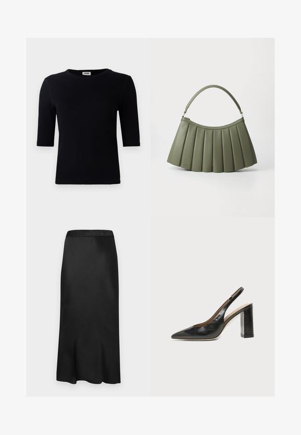 T-shirt noir à côtes avec un col rond et des manches trois-quarts. Le tissu a une texture lisse et une ligne d'ourlet droite. Pas de marque visible.; Jupe midi noire en satin avec une taille élastique. Texture lisse et design sobre, se rétrécissant légèrement à l'ourlet pour une silhouette fluide.; Chaussure slingback en cuir noir à bout pointu avec un talon bloc haut et une doublure intérieure beige sur un fond clair uni.; Sac à main plissé vert olive avec une poignée arrondie, fabriqué dans un matériau lisse. Présente un branding discret à la base et une fermeture éclair.