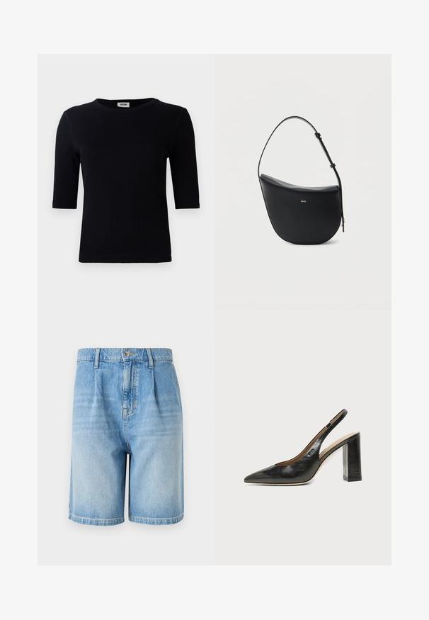 Schwarzes, geripptes T-Shirt mit rundem Halsausschnitt und drei Viertelärmeln. Der Stoff hat eine glatte Textur und einen geraden Saum. Keine sichtbare Markenkennzeichnung.; Helle blaue Denim-Shorts mit lockerer Passform, ausgestattet mit einem Knopfverschluss, zwei Fronttaschen und einem geraden Saum. Faded-Optik über die gesamte Fläche.; Schwarzer Leder-Slingback-Schuh mit spitzer Kappe, hohem Blockabsatz und beigegefüttertem Innenraum vor hellem, einfarbigem Hintergrund.; Schwarze halbmondförmige Lederschultertasche mit verstellbarem Schulterriemen und goldenem "BOSS"-Logo mittig vorne.