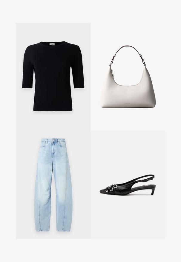 Sort ribbet t-shirt med rund halsudskæring og trekvart ærmer. Stoffet har en glat tekstur og lige kant. Ingen synlig branding.; Lys blå denim bredbenede jeans med høj talje, med knaplukning, forlommer og subtil falming.; Sort læder slingback sko med spids tå, tre sølvspænder på forsiden og lav lille hæl på hvid baggrund.; Cremefarvet skuldertaske i læder fra Calvin Klein med buet topkant, sølvfarvet lynlås og mørkebrun justerbar rem.