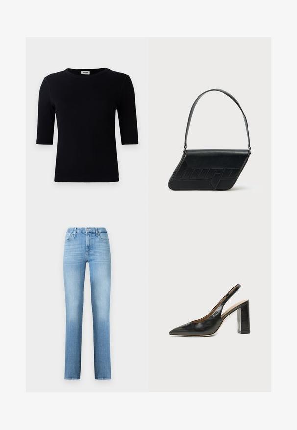 T-shirt noir à côtes avec un col rond et des manches trois-quarts. Le tissu a une texture lisse et une ligne d'ourlet droite. Pas de marque visible.; Jean droit bleu clair en denim, avec un design classique à cinq poches et une taille cousue avec fermeture à bouton sur le devant.; Chaussure slingback en cuir noir à bout pointu avec un talon bloc haut et une doublure intérieure beige sur un fond clair uni.; Sac d'épaule en cuir noir de forme triangulaire, avec un logo embossé et une seule bandoulière réglable. Design minimaliste avec une texture lisse.