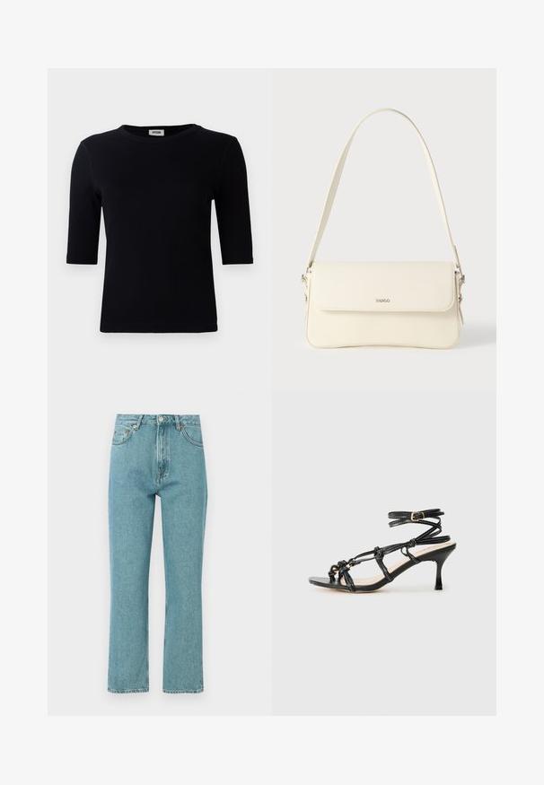 Sort ribbet t-shirt med rund halsudskæring og trekvart ærmer. Stoffet har en glat tekstur og lige kant. Ingen synlig branding.; Lyseblå, høj talje jeans med lige ben-design. Lavet af denim, featuring forlommer og knaplukning.; Sort patentlæder højhælede sandaler med stropdesign, justerbar ankelrem og knyttede detaljer. Glat tekstur, spids tå.; Cremefarvet læder skuldertaske med flaplukning, sølvfarvet beslag, en enkelt justerbar rem og diskrete logodetaljer.