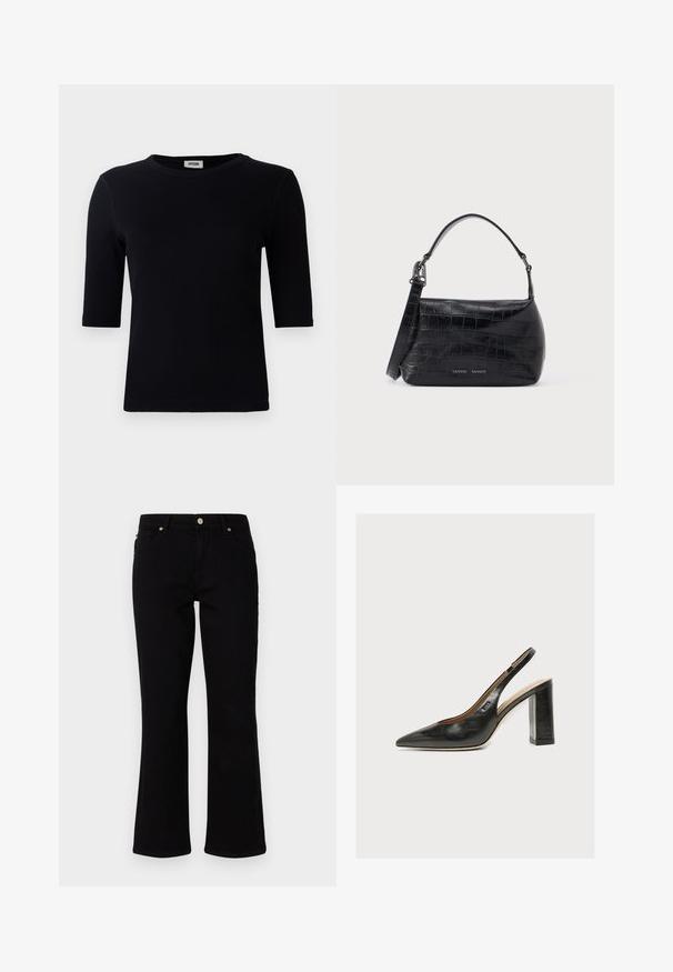 Sort ribbet t-shirt med rund halsudskæring og trekvart ærmer. Stoffet har en glat tekstur og lige kant. Ingen synlig branding.; Sorte denim flared jeans med mid-rise talje, to forlommer og en enkelt baglomme. Med guldtonet knap og lynlås.; Sort dameslingback pumpe i læder med spids tå og tyk høj blokhæl på hvid baggrund.; Sort skuldertaske i krokodillepræget læder med øverste håndtag og logo trykt på forsiden.