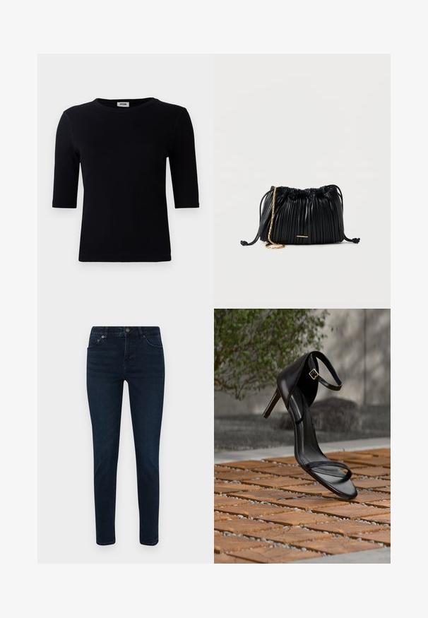 Sort ribbet t-shirt med rund halsudskæring og trekvart ærmer. Stoffet har en glat tekstur og lige kant. Ingen synlig branding.; Mørk vaskede denimjeans med slim fit, der har fem-lomme design, knaplukning og subtile syningsdetaljer. Glat tekstur hele vejen igennem.; Sort højhælet sandal med ankelsnor, der ser ud til at svæve over et trægulv udendørs med sløret grønt og sten i baggrunden.; Sort læderhåndtaske med plisseringer, snorelukning, guldkæde som rem og lille horisontalt guldakcent foran.