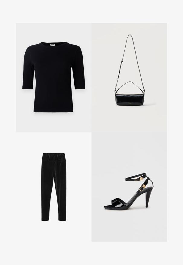 Sort ribbet t-shirt med rund halsudskæring og trekvart ærmer. Stoffet har en glat tekstur og lige kant. Ingen synlig branding.; Sorte velour leggings med elastisk talje og en glat, skinnende tekstur. Slim fit med tapered ben-design.; Sorte patentlæder højhælede sandaler med dobbelte ankelremme og guldspænder, åben tå og slank taperet hæl på neutral baggrund.; Sort rektangulær læder crossbody-taske med justerbar skulderrem, top lynlås og lille gyldent Calvin Klein-logo foran.